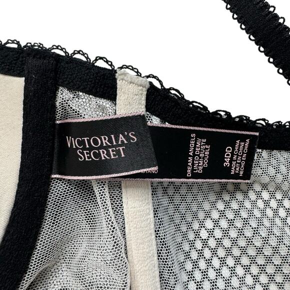 VICTORIAS SECRET Dream Angels Lined Demi Bra Black Nude Lace Size 34DD Eyelash - Picture 5 of 6